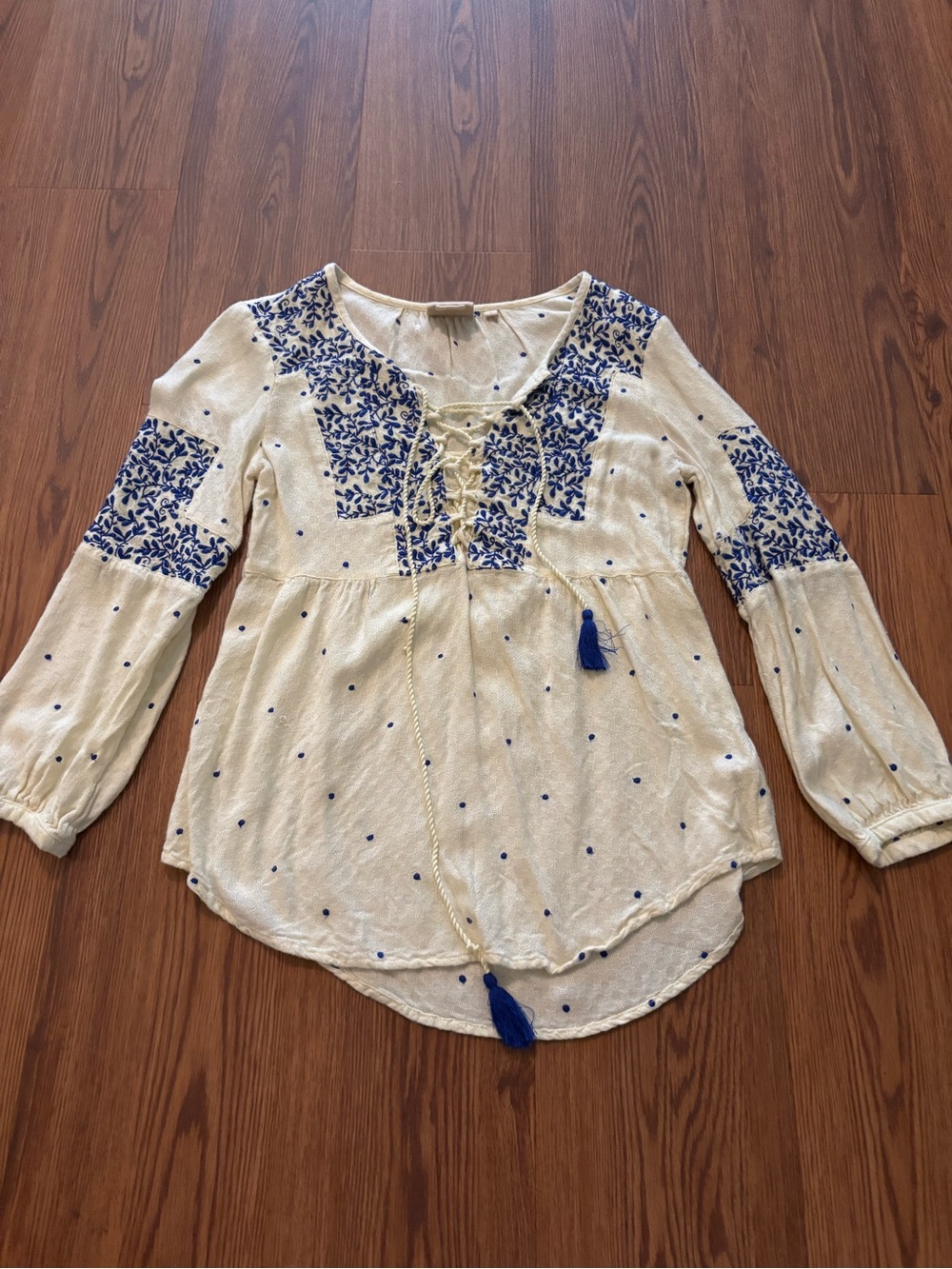 Anthropologie Cream Peasant Blouse with Blue Embroidery